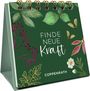 Text: "FINDE NEUE Kraft" und "COPPENRATH". Kalender mit grünen Blättern und floralen Illustrationen auf dunkelgrünem Hintergrund.