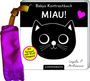 Text: "Babys Kontrastbuch MIAU! Mit Spiegel und Stoffklappen!" Illustration: Katze, rosa Herz, gelber Griff.