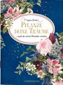 "Pflanze deine Träume ...und du wirst Wunder ernten." Viele bunte Blumen auf dunkelblauem Hintergrund, dekorativer Stil.