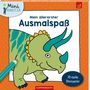 "Mein allererster Ausmalspaß", "70 starke Dinosaurier", "ab 2 Jahre". Illustration eines grünen Dinosauriers mit einem Stift.