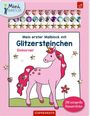 Ein bunter Malblock mit einem lila Einhorn, bunten Glitzersteinen und Aufklebern, geeignet für Kinder ab 4 Jahren.