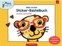"Mein erstes Sticker-Bastelbuch. Grinse-Gesichter. Illustration eines Tigers mit roter Brille auf orangefarbenem Hintergrund."