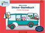 "Mein erstes Sticker-Bastelbuch: Freche Fahrzeuge" steht auf einem roten Hintergrund. Gezeichnet sind Tiere in einem Bus.