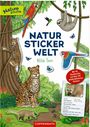 "Natur Sticker Welt: Wilde Tiere", Illustration mit Tieren wie einem Jaguar, Papageien, Faultier und üppiger Dschungelvegetation.