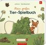 Ein Spielbuch mit einem Fuchs hinter einem Busch, einem Maulwurf im Boden, Blumen und einem Vogel auf dem Busch.