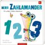 Titel: "Herr Zahlamander: Ein wildes Zahlen-Abenteuer." Illustration eines bunten Salamanders neben Zahlen 1, 2, 3.