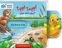 Text: "Tipp! Tapp! Wer war das? Die kleine Ente." Illustration eines Bärs, Libelle, Marienkäfers und einer Entenküken am Flussufer.