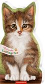 „Mein erstes Lieblingstier.“ Darunter eine gemalte Katze mit großen, leuchtenden Augen vor grünem Hintergrund.