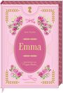 „Emma“, Jane Austen. Illustrationen von Marjolein Bastin. Ein lilafarbenes Buchcover mit Rosen und goldenen Verzierungen.