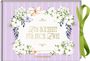"Zur Hochzeit für euch zwei" in elegantem Gold auf einer lila Karte mit Blumen und Schmetterlingen.