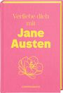 „Verliebe dich mit Jane Austen“ in gelber Schrift auf rosa Hintergrund mit einer gelben Blumenskizze.