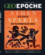 Titel: "Athen gegen Sparta" – Der Peloponnesische Krieg. Roter Hintergrund, zwei kämpfende Krieger im antiken Stil.