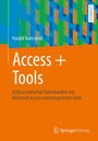 „Access + Tools“ von Harald Nahrstedt. Blau-grün gemustertes Design, orangener Hintergrund mit Lehrbuch-Hinweis.