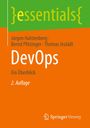 "essentials DevOps Ein Überblick 2. Auflage" steht in unterschiedlichen Schriftgrößen auf grün-orangefarbenem Hintergrund.