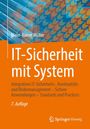 "IT-Sicherheit mit System" von Klaus-Rainer Müller. Orangefarbener Hintergrund, diagonale geometrische Muster oben.