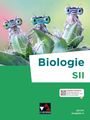 "Biologie SII" oben groß, darunter kleine Libellen mit großen Augen auf Blättern; Logo C.C. Buchner unten, Hinweis auf hybrides Schulbuch.