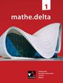 Text: "mathe.delta 1", "Mathematik Berufliche Oberschule Technik Bayern". Modernes, wellenförmiges Gebäude auf rotem Hintergrund.