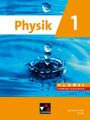"Physik 1" und "Hybrides Schulbuch". Wassertropfen fällt in Wasser, erzeugt Wellen. C.C. Buchner Logo unten.