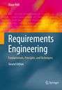 Text: "Klaus Pohl; Requirements Engineering; Fundamentals, Principles, and Techniques; Second Edition." Springer-Logo rechtsunten. Abstrakte, farbige Gestaltung in Pink und Orange oben, Blau unten.