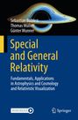 „Special and General Relativity“ vor blauem Hintergrund, drei Autoren oben und ein abstraktes, wissenschaftliches Bild.