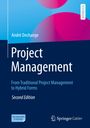 Text: "André Dechange, Project Management, From Traditional Project Management to Hybrid Forms, Second Edition."  
Blaue und pinke geometrische Formen.