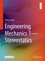 Text: "Andreas Huber, Engineering Mechanics 1—Stereostatics, TEXTBOOK". Bunte, verschwommene Hintergrundfarben.