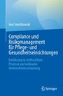 Text: "Compliance und Risikomanagement für Pflege- und Gesundheitseinrichtungen." Blaues Design mit weißem Schriftzug.