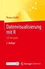 Titel: Datenvisualisierung mit R. Untertitel: 123 Beispiele. 3. Auflage. Farbverlauf von Gelb zu Rot, mit geometrischen Formen.