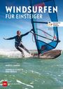Titel: "Windsurfen für Einsteiger". Abgebildet ist eine Person, die freudig auf einem Surfbrett segelt.