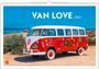 "VAN LOVE 2027" steht oben auf blauem Hintergrund. Ein roter VW-Bus mit Blumenmuster und Friedenssymbol.