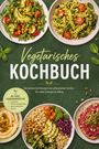 Vegetarisches Kochbuch. Salate, Pasta und Gemüsegerichte auf grüner Oberfläche. Runder Sticker mit 30-Tage-Ernährungsplan.