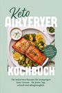 „Keto Airfryer Kochbuch“ mit Lachs, Brokkoli, Zitrone, Soße auf Teller, grüner Hintergrund.