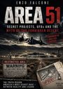 Großer "AREA 51" Schriftzug, ein schwarzes Flugzeug am Himmel, beleuchtete Militärbasis, Warnschild "RESTRICTED AREA."