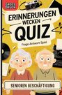 "Großdruck: Erinnerungen wecken Quiz. Frage-Antwort-Spiel. Senioren Beschäftigung." Illustration mit älteren Personen.