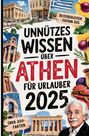 „Unnützes Wissen über Athen für Urlauber 2025“, umgeben von Illustrationen, alten Gebäuden und Speisen.