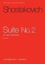 Text: Shostakovich, Suite No. 2 for Jazz Orchestra, Full score. Roter Hintergrund mit moderner Schrift.