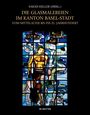 Titel: "Die Glasmalereien im Kanton Basel-Stadt". Buntes Glasfenster mit abstrakten Figuren und Formen.