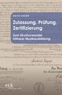 Weiße Schrift auf blauem Rechteck: "DAVID HAGEN: Zulassung, Prüfung, Zertifizierung. Zum Strukturwandel höherer Musikausbildung." Historisches Dokument.