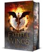 "Fateful Wings" von Karen A. Moon. "A Court of Darkness and Shadows." Ein feuriges Emblem mit Drachenflügeln und Schwert.