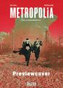 Text: "Duval, Römling, METROPOLiA, Die Außenbezirke, Previewcover." Zwei Figuren in dunkler Kleidung vor einer futuristischen Kulisse.