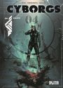 "CYBORGS", "04", "HAWK". Illustration einer Figur in dunkler Kleidung über einer am Boden liegenden Person.