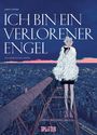 "ICH BIN EIN VERLORENER ENGEL", "EIN BARCELONA-KRIMI". Illustration zeigt eine Person in einem weißen Mantel auf einem Hochhaus in der Dämmerung.