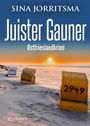 "Juister Gauner", "Ostfrieslandkrimi" von Sina Jorritsma. Sonnenuntergang, Strandkörbe mit Nummern 2992, 2906, 2949.