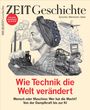 Titel: "Wie Technik die Welt verändert". Illustration: Frau, Technikgeschichte von Dampfmaschinen zu Computern und KI.