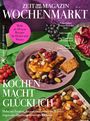 "ZEIT MAGAZIN WOCHENMARKT", "Kochen macht glücklich". Teller mit Huhn und Trauben, farbenfrohes Arrangement mit Gemüse.