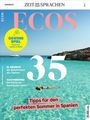 Titel "ECOS", großes "35", gelber Kreis "GEWINN SPIEL", "Tipps für den perfekten Sommer in Spanien", schwimmende Person im klaren Wasser.