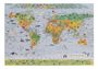 "Wo findest du mich?" Kinderweltkarte, bunte Illustration der Welt mit Tieren und Sehenswürdigkeiten auf Puzzle-Teilen.