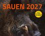„SAUEN 2027“ ist in großen orangefarbenen Buchstaben zu sehen, darunter ein Wildschwein mit markanten Borsten. Ein gelber Kreis weist auf "mit MOND HELLIGKEITS KALENDER" hin. Unten steht „HEEL“.