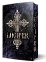 "LUCIFER", "Deal mit dem Teufel". Silbernes Kreuz mit schwarzen Flügeln auf dunklem Hintergrund, mystische Atmosphäre.