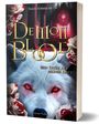 Text: "Demon Blood", "Sein Feuer auf meiner Haut", Nadja Schindler, Lycrow Verlag. Ein weißer Wolf mit roten Augen und Rosen.